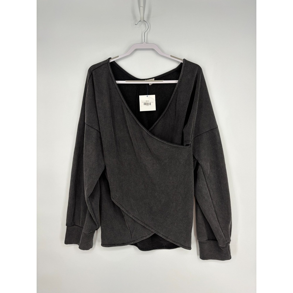 POL Sweatshirt Womens 2XL Black Stone Faux Wrap Criss Cross 100% Cotton New